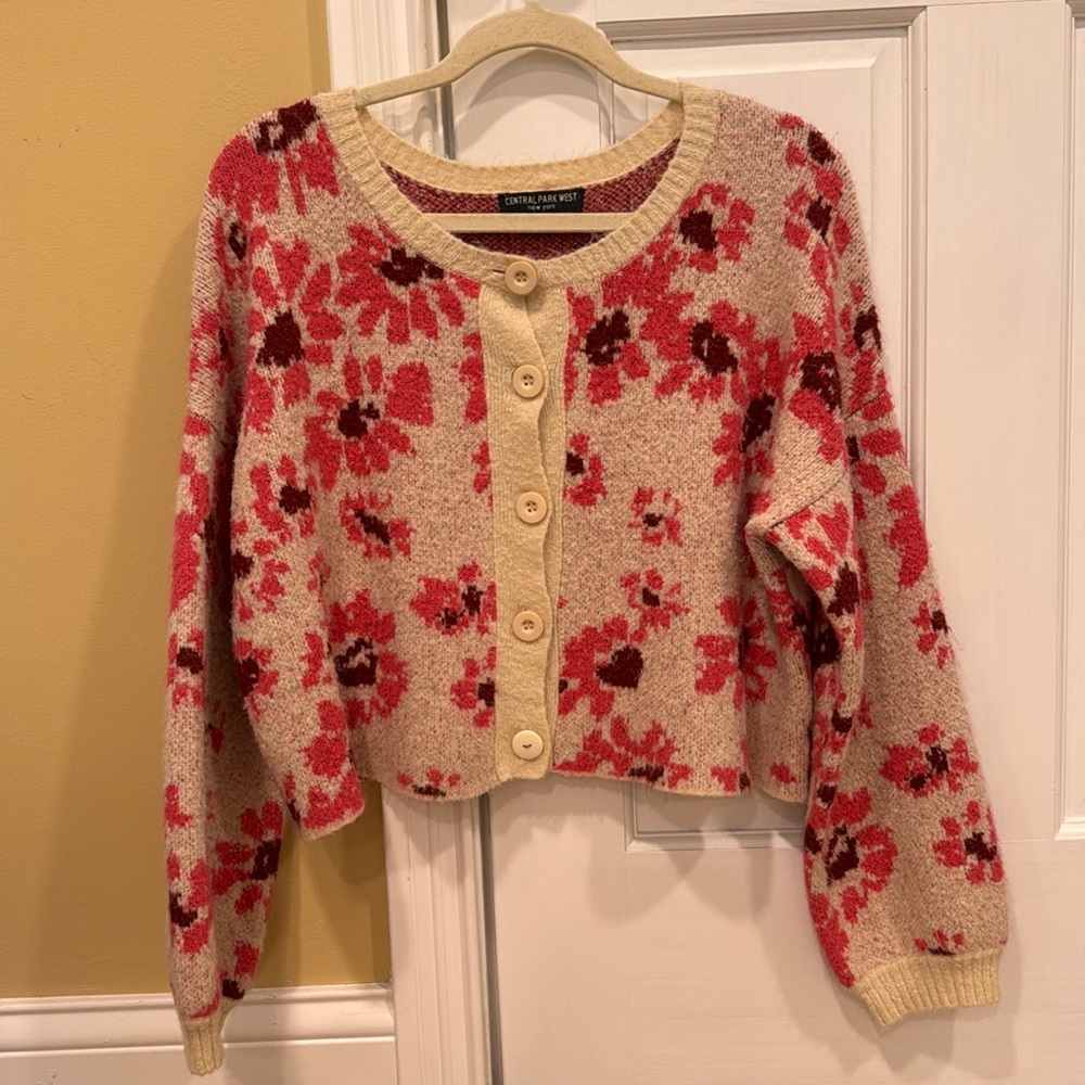 Central Park West Cream Cardigan with Pink and Burgundy Floral Print